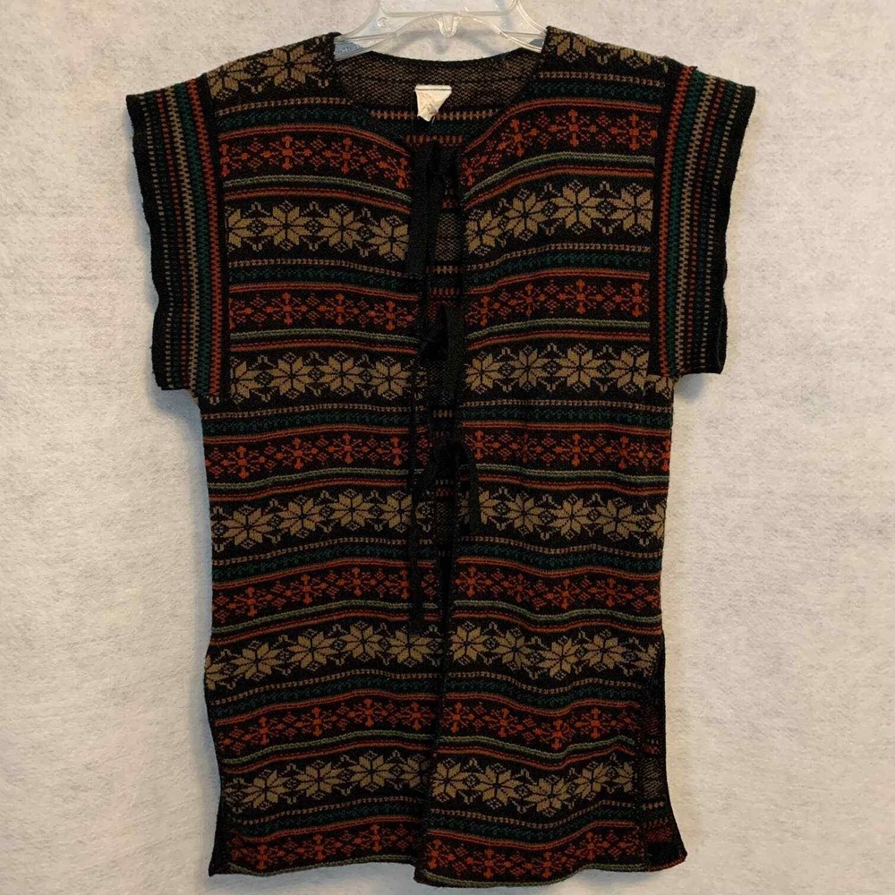 Vintage Fair Isle Snowflake Sweater Vest Women Small Black Multi Tie Front Fair